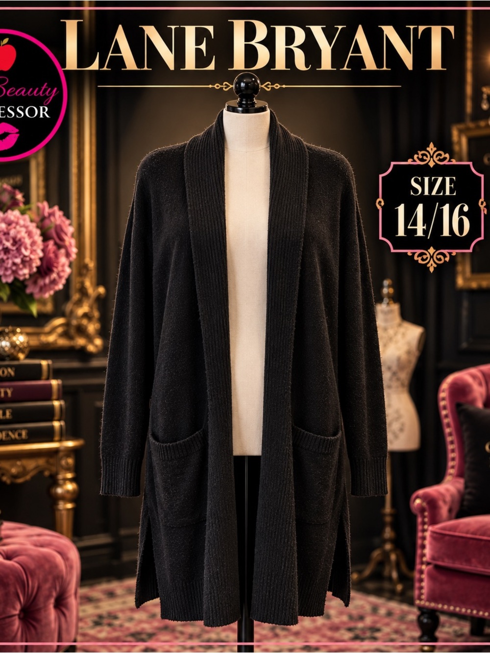 💕Lane Bryant 14/16 Black Long Open Front Shawl Collar Cardigan Pockets